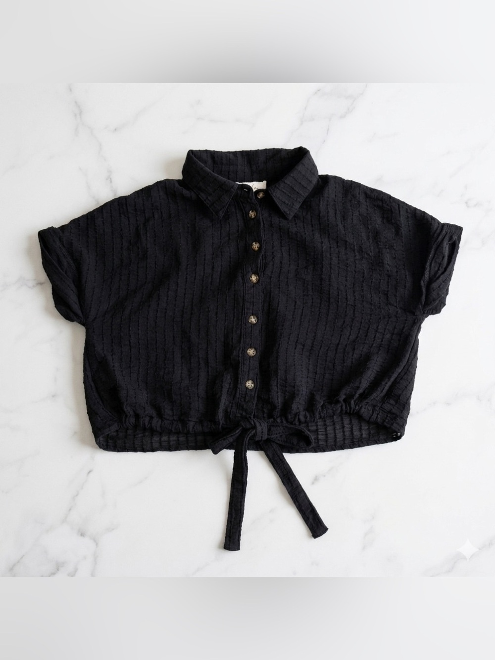 Fashion On Earth Black Button Down Crop Shirt Tie Front Sheer Lightweight Size S